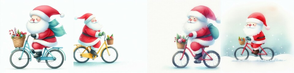 Two whimsical Santas ride bicycles, spreading holiday cheer with festive gifts in colorful baskets.