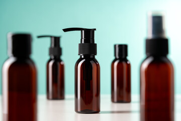 Collection of amber glass bottles with pumps and spray tops on a light blue background