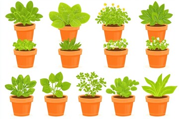 Obraz premium Colorful display of potted herbs in terracotta pots symbolizing home gardening herb care and small space gardening trends for urban homes