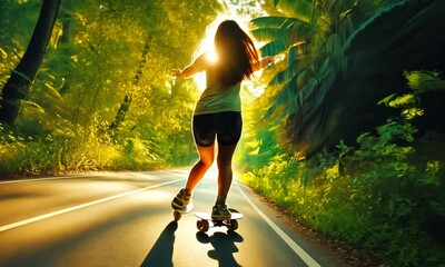 Woman Skateboarding Through a Tropical Forest - Powered by Adobe
