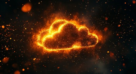 Obraz premium Digital glow cloud symbol with light rays and particles on black background.