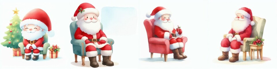 The image showcases four cheerful Santa Claus figures, each in different poses, surrounded by festive elements, embodying the joyful spirit of Christmas.