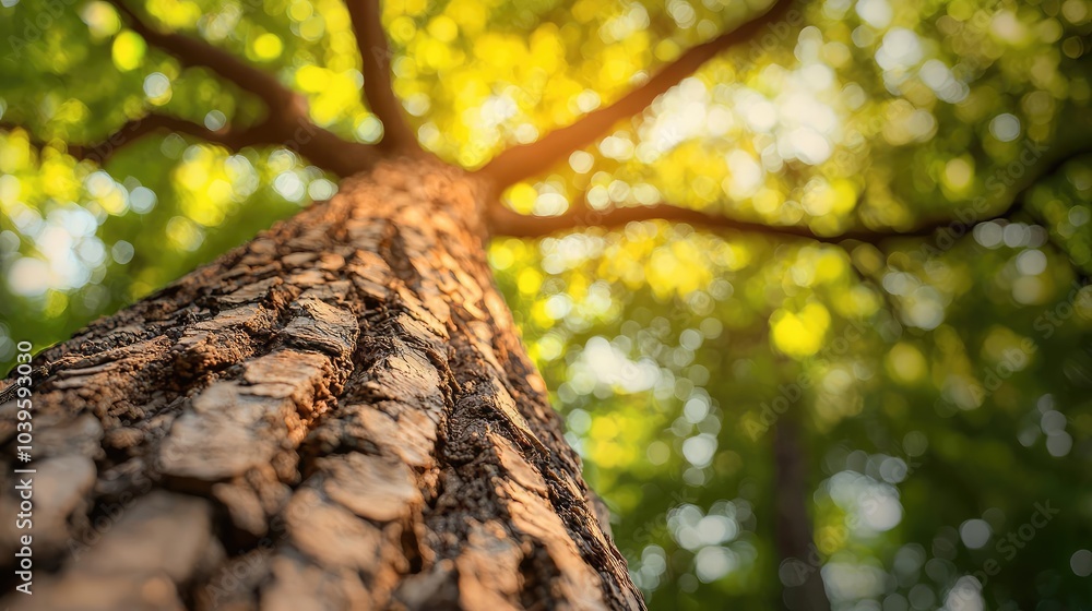 Poster a close-up view of a tree trunk with sunlight filtering through green leaves.