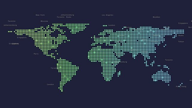 Digital world map with purple dots highlighting major cities