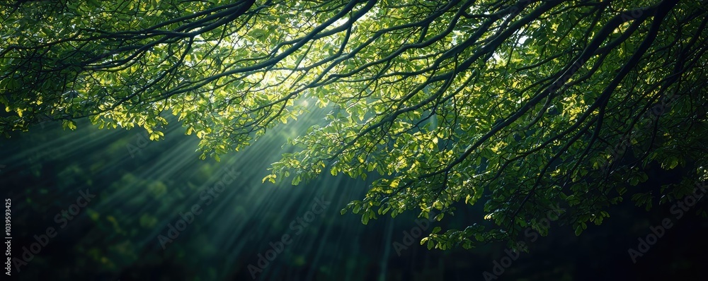 Poster Sunlight filtering through lush green tree branches in a serene forest.