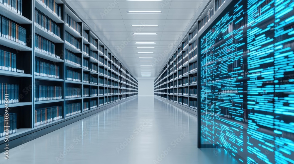 Poster a modern data center with rows of storage shelves and vibrant digital displays.