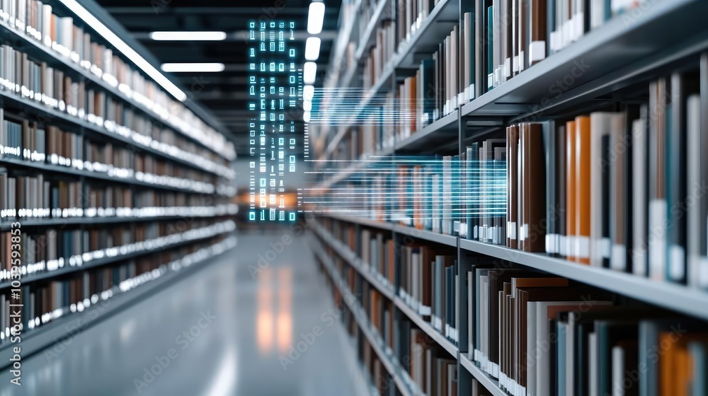 Poster modern library interior with rows of bookshelves and digital elements.