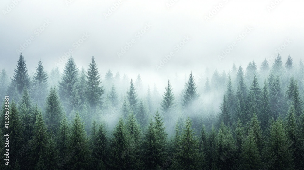 Poster a forest with trees covered in fog