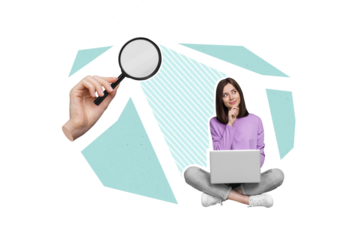 Creative 3d collage artwork of minded lady freelancer using netbook consider business questions isolated on painting background