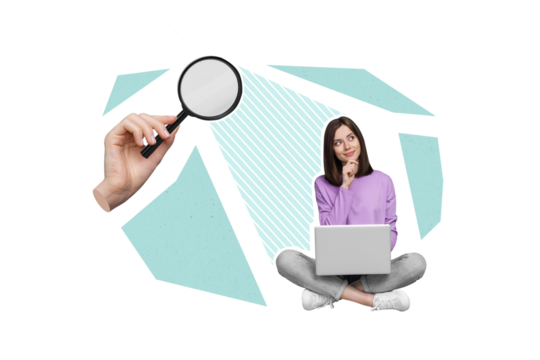 Creative 3d collage artwork of minded lady freelancer using netbook consider business questions isolated on painting background