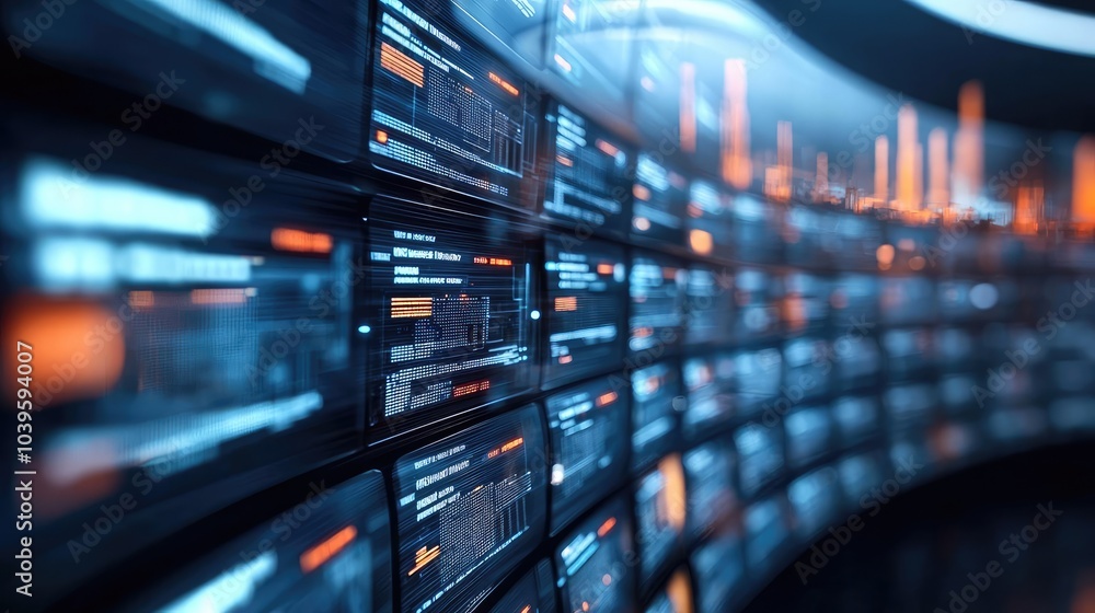 Poster futuristic data visualization wall with glowing screens and vibrant graphics.