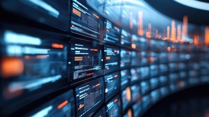 Naklejka premium Futuristic data visualization wall with glowing screens and vibrant graphics.