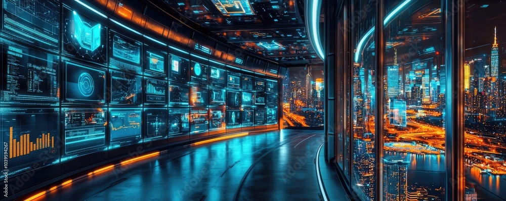 Poster futuristic control room with advanced digital interfaces and city skyline view.