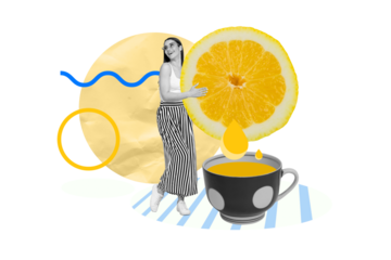 Magazine advert collage of lady traveler have rest drink with friends squeeze lemon in her tea lemonade