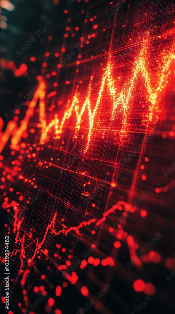 Poster a close-up of a red stock market chart on a screen with glowing lines and data points.