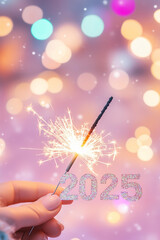 Hand holding a sparkler with glittering numbers "2025" on a pink background, in a pastel aesthetic, with pastel colors, glitter, and stars everywhere.
