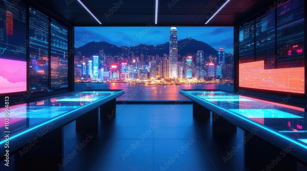 Poster futuristic data center with vibrant city skyline and sleek digital interfaces.