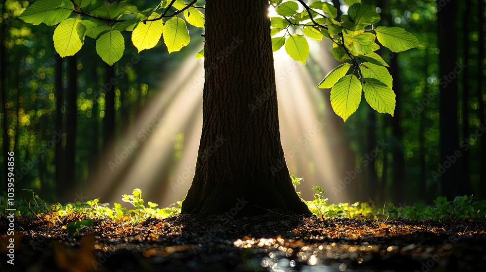 Aufkleber Sunlight filtering through leaves on a serene tree trunk in a lush forest.