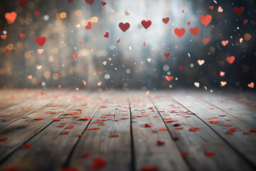  background is blurred, with red hearts confetti flying in the air and wooden rustic floors below. The photo backdrop features an empty floor for photography, suitable as a Valentine's Day backdrop 