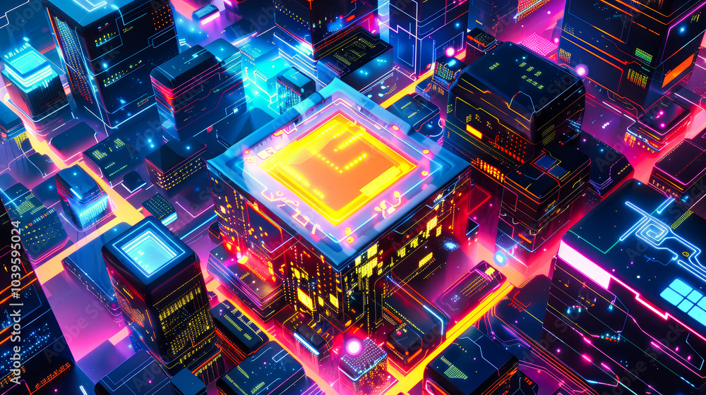 Poster a glowing advanced chip drives data through a vibrant cityscape, showcasing the complexity of modern