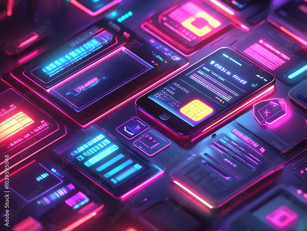 Poster a close-up of a smartphone with glowing neon screens and interface elements, suggesting a futuristic