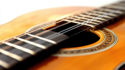Fototapeta premium Acoustic guitar with wooden body, strings perfectly aligned, isolated on white background