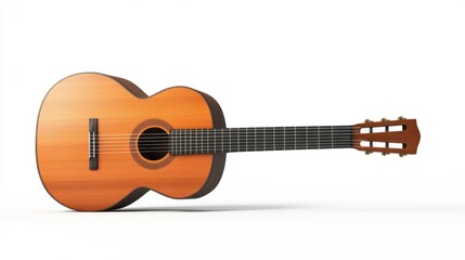 Classic acoustic guitar with a smooth wooden finish, isolated on white background