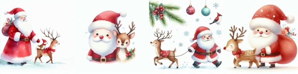 A festive illustration featuring cheerful Santas and playful reindeer in a wintry scene, perfect for holiday-themed content.