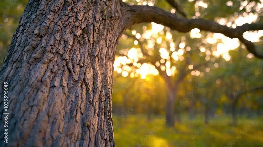 Poster close-up of a tree trunk with a blurred background of sunlight and trees.