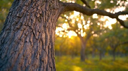 Obraz premium Close-up of a tree trunk with a blurred background of sunlight and trees.