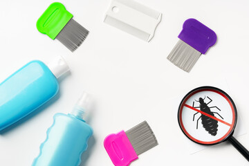 Tools for inspecting and treating lice infestations at home with a magnifying glass and a comb