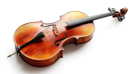 Fototapeta premium Classic cello with a rich wooden body and bow, isolated on white background