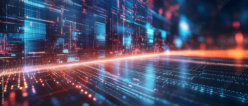 Poster futuristic data visualization with glowing neon lines on abstract technology background