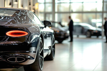 Luxury black cars showcased in a modern showroom, with customers examining sleek designs and salespeople assisting in an elegant auto shop environment