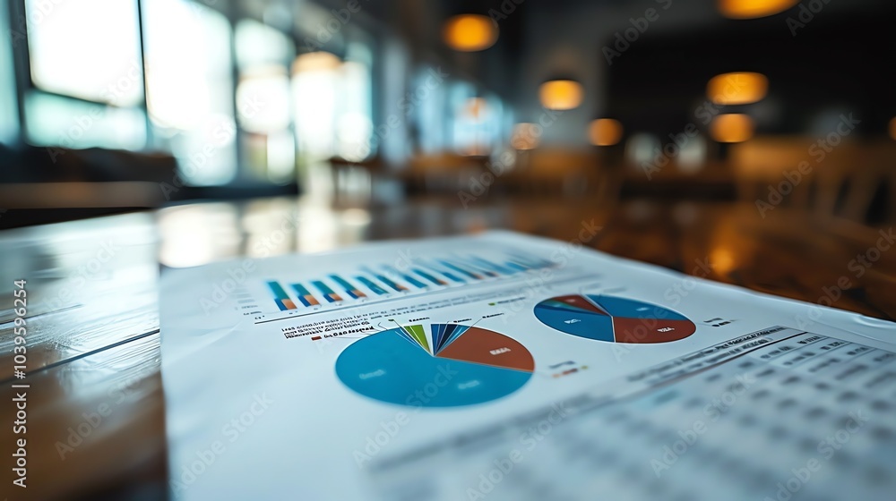 Aufkleber a close-up shot of a financial report with pie charts and bar graphs on a wooden table in a cafe.