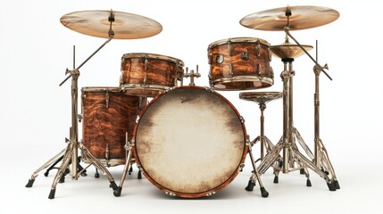 Classic drum set with snare, bass, and cymbals, isolated on white background