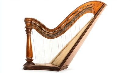 Obraz premium Classical harp with strings stretching across the wooden frame, isolated on white background