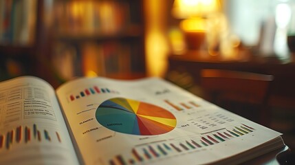A close-up shot of an open book with a colorful pie chart and bar graphs in the foreground, with a blurred background of a home office with a bookshelf, table, and lamp.