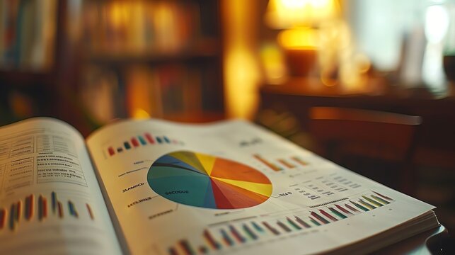 A close-up shot of an open book with a colorful pie chart and bar graphs in the foreground, with a blurred background of a home office with a bookshelf, table, and lamp.