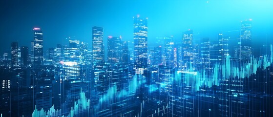 Abstract Cityscape with Overlaid Financial Data Visualizations on Blue Background