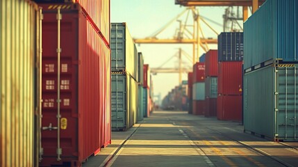 Fototapeta premium Industrial Shipping Container Yard at Sunrise