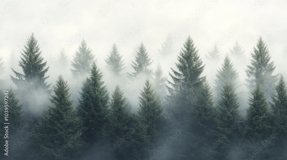 Poster a forest with trees covered in fog