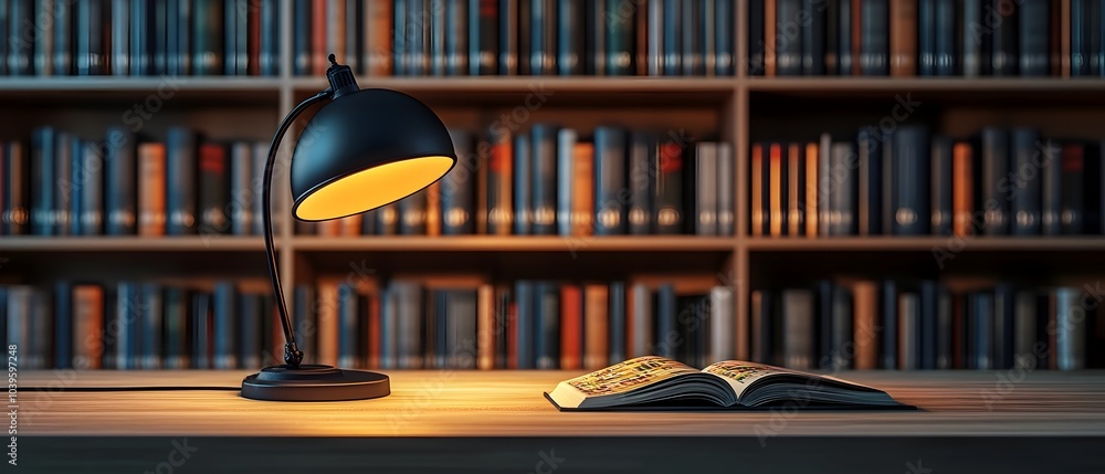 Poster modern desk setup with lamp and books in blurred library backdrop