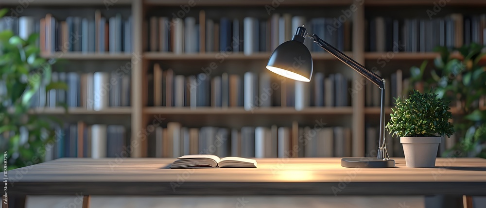 Poster cozy modern desk setup with illuminated books and blurred library backdrop