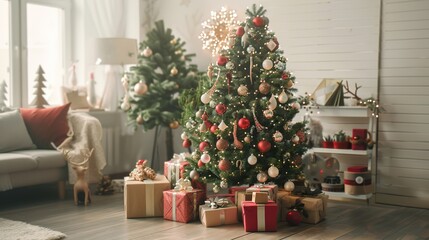 Big beautiful Christmas tree decorated with beautiful shiny baubles and many different gifts on wooden floor. White wall background with plenty of copy space for text. close up