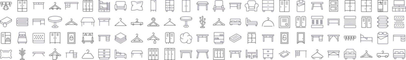 Furniture Line Icon Set. Contains Icons of Bed, Table, Mattress, Coat Hook that Can Be Used for Design of Cards, Posts, Apps, Web Sites