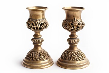 Ornate Brass Candle Holders Isolated On White Background
