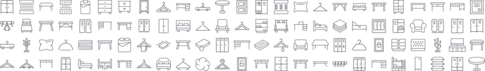Furniture Outline Simple Icons Bundle. Contains Icons of Bed, Table, Mattress, Coat Hook that Can Be Used for Design of Cards, Posts, Apps, Web Sites