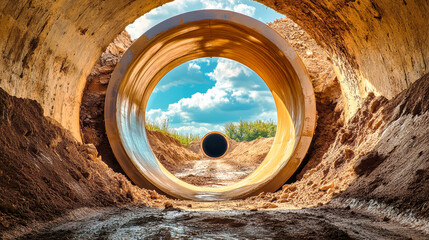 View inside an underground construction passage showcasing large pipes and the sky with clouds, highlighting preparations for a modern water supply system