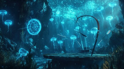 A tranquil archery range on a floating platform amidst bioluminescent jellyfish, Archery equipment framed by glowing sea creatures, Underwater fantasy style